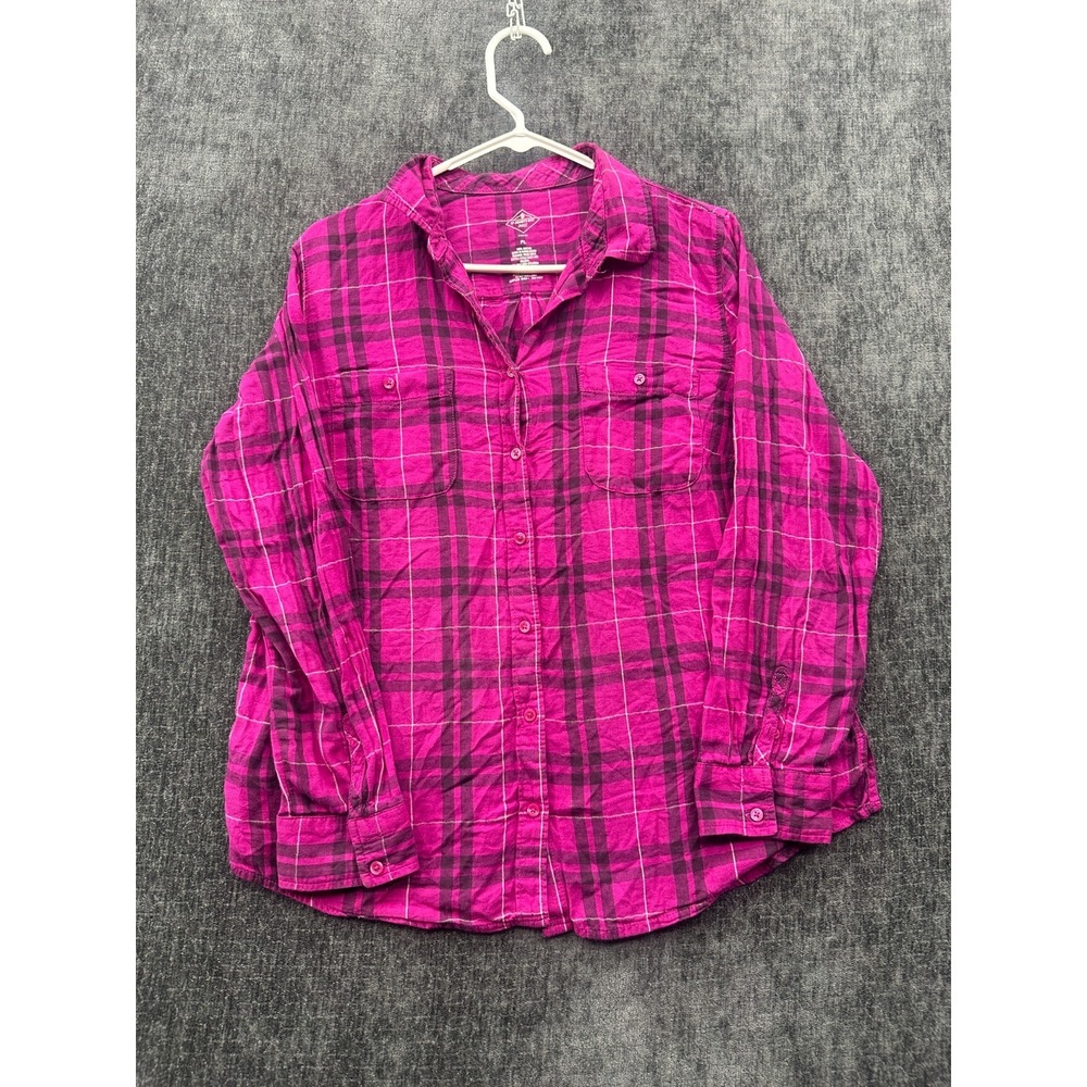 St Johns Bay Flannel Shirt Women Large Petite Pink Plaid Cotton Pleats Button Up